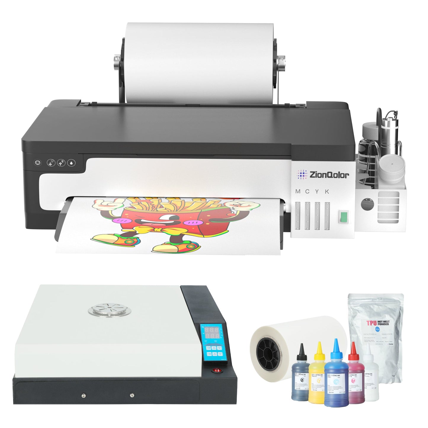 ZionQolor DTF Printer Upgraded A3 L18058; XP600 Printhead (Printer+Ink+Powder+Film)